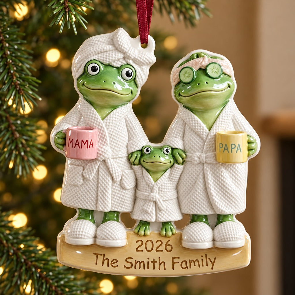 Personalized Spa Day Frog Family Christmas Ornament 2026 — Bathrobes, Mama & Papa Mugs, Family of 3, 4, 5 or 6, Ceramic