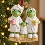 Personalized Spa Day Frog Family Christmas Ornament 2026 — Bathrobes, Mama & Papa Mugs, Family of 3, 4, 5 or 6, Ceramic