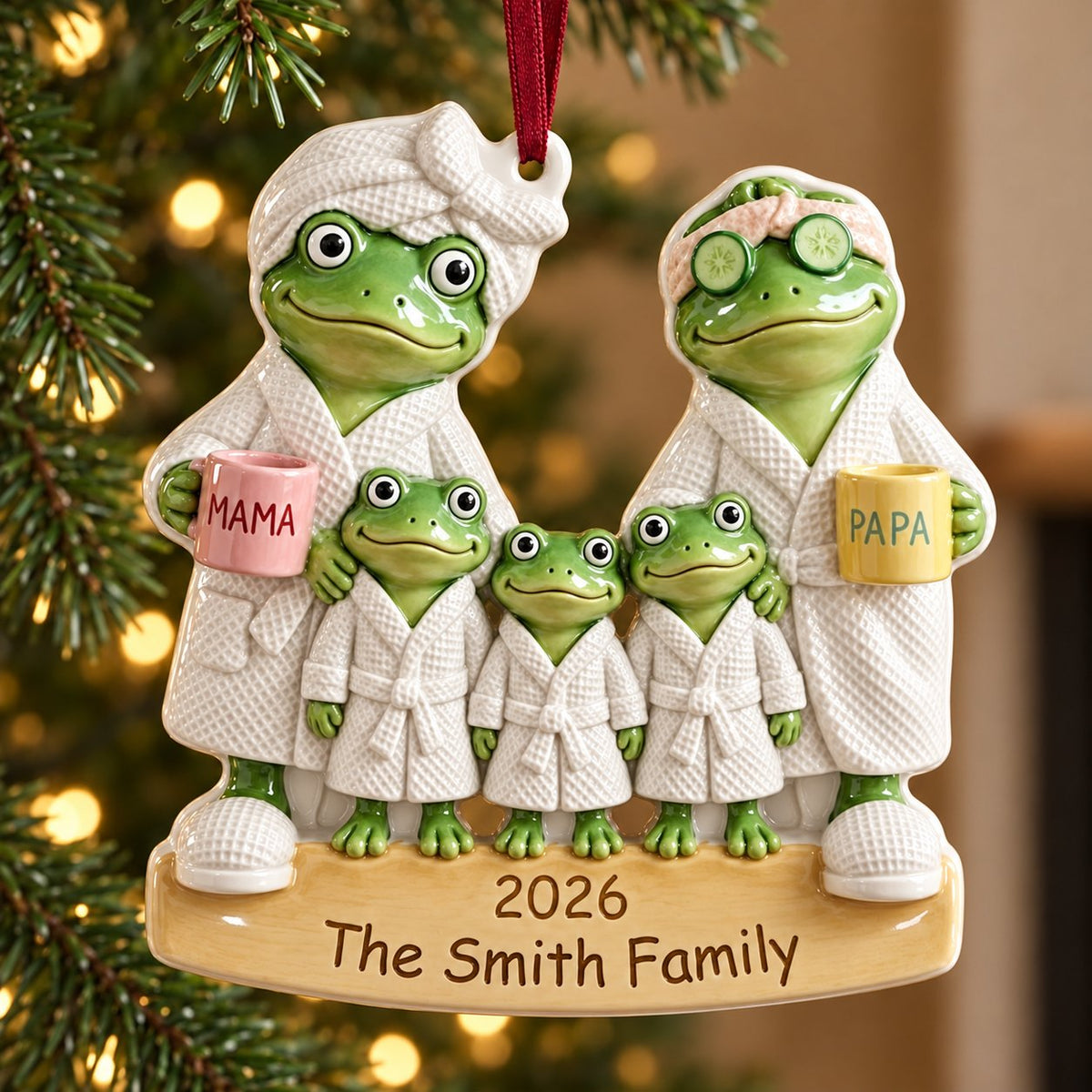 Personalized Spa Day Frog Family Christmas Ornament 2026 — Bathrobes, Mama & Papa Mugs, Family of 3, 4, 5 or 6, Ceramic