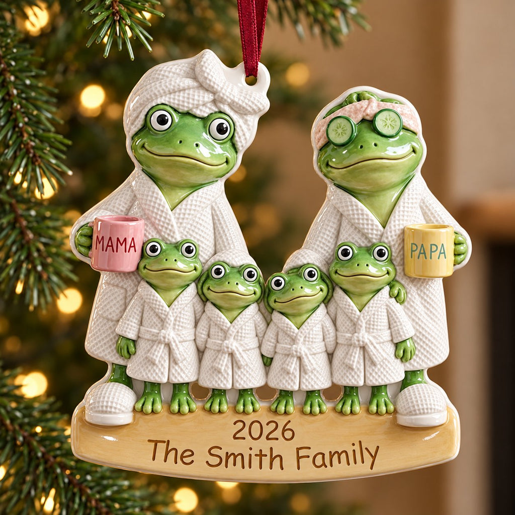Personalized Spa Day Frog Family Christmas Ornament 2026 — Bathrobes, Mama & Papa Mugs, Family of 3, 4, 5 or 6, Ceramic