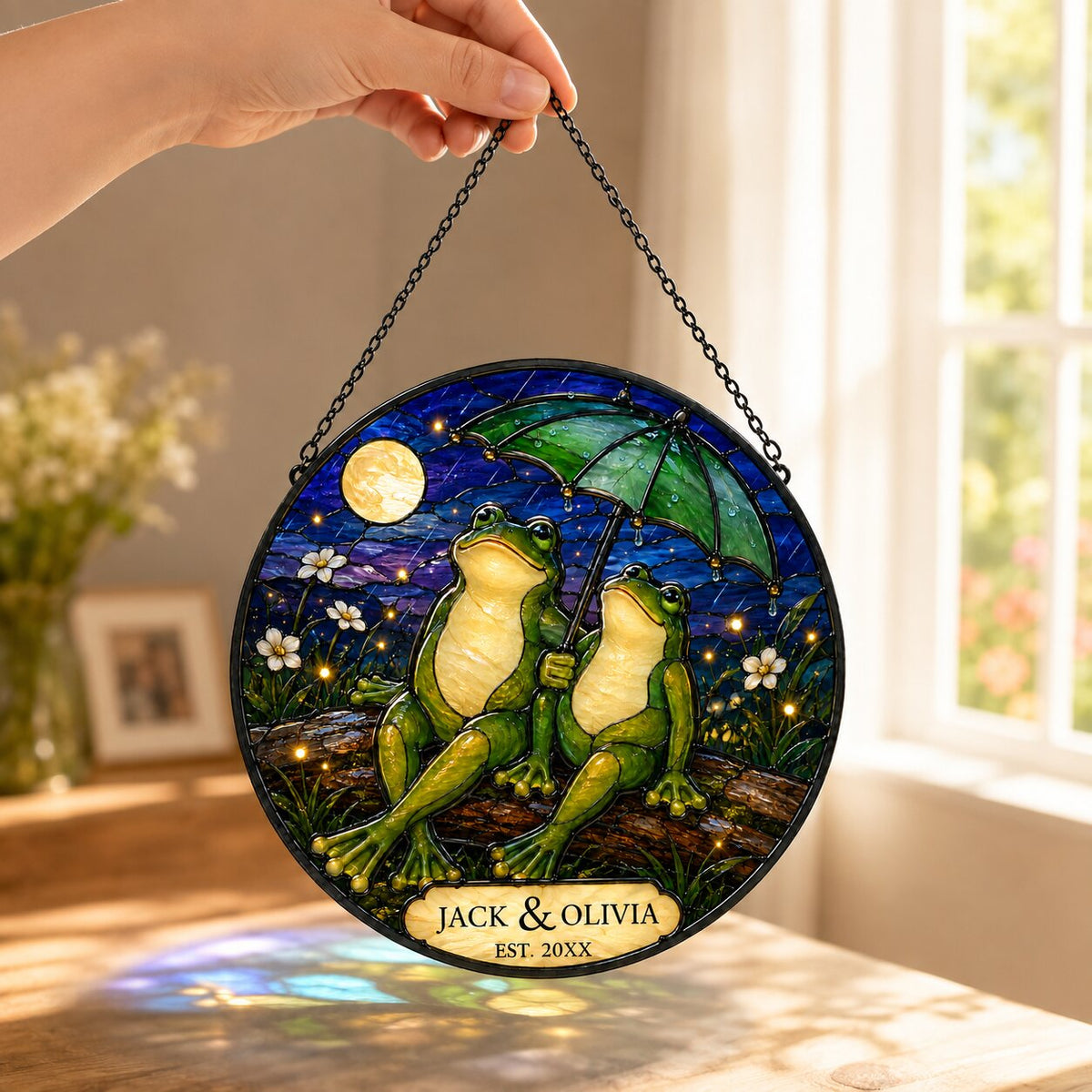 Personalized Starry Night Frog Couple Under an Umbrella Stained Glass Suncatcher