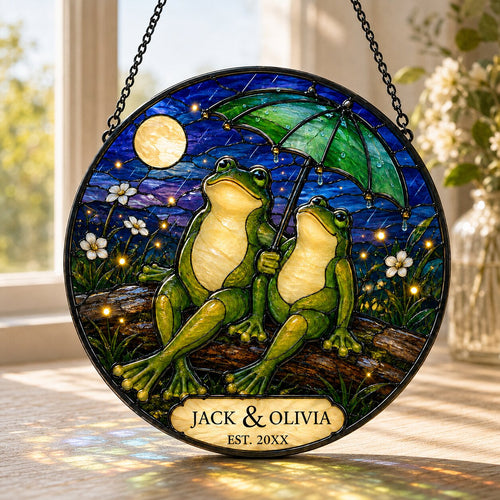 Personalized Starry Night Frog Couple Under an Umbrella Stained Glass Suncatcher