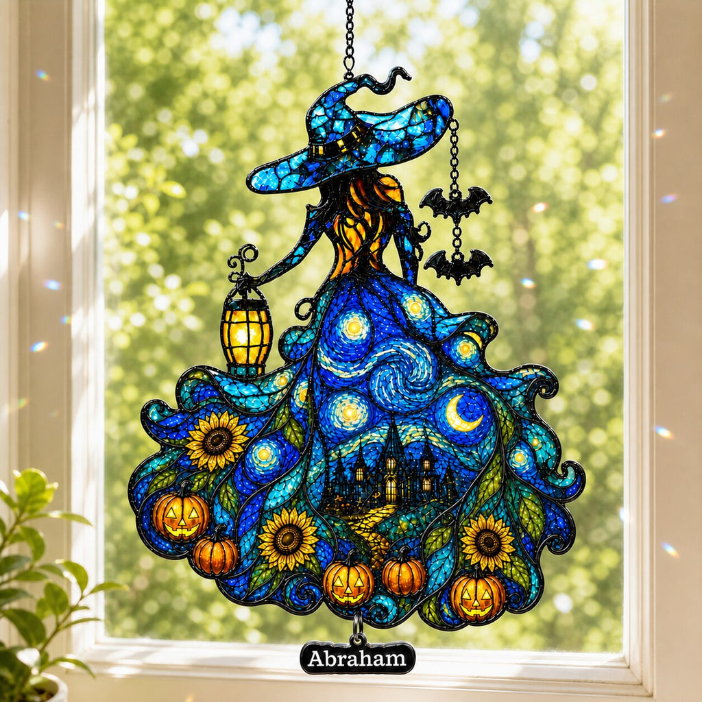 Witch Lady with Lantern, Pumpkins & Bats Holographic Acrylic Suncatcher