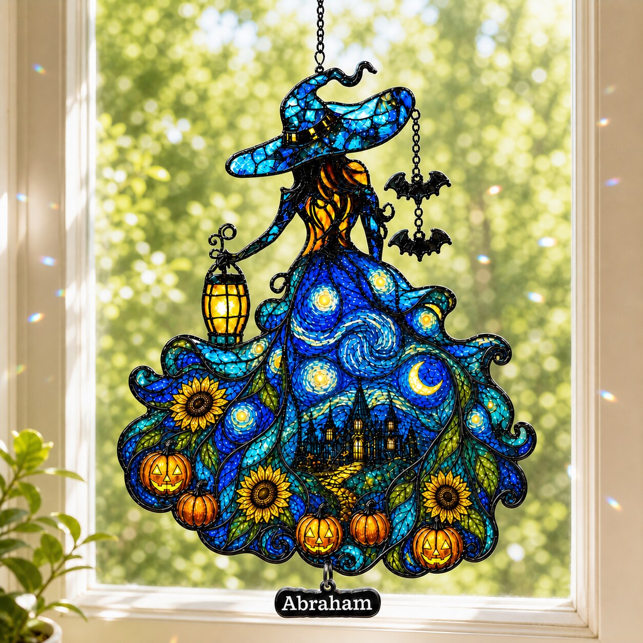 Witch Lady with Lantern, Pumpkins & Bats Holographic Acrylic Suncatcher