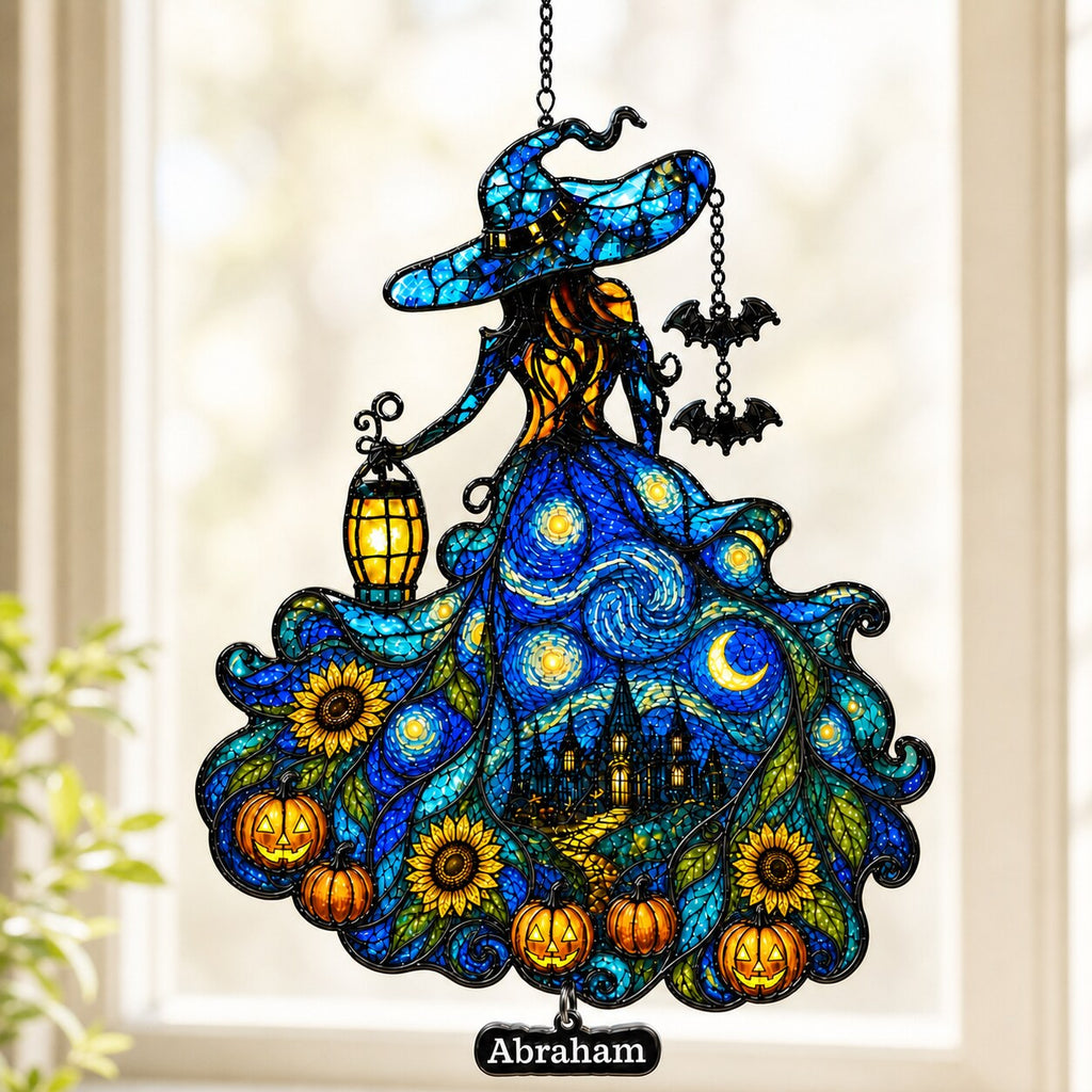 Witch Lady with Lantern, Pumpkins & Bats Holographic Acrylic Suncatcher