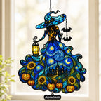 Witch Lady with Lantern, Pumpkins & Bats Holographic Acrylic Suncatcher