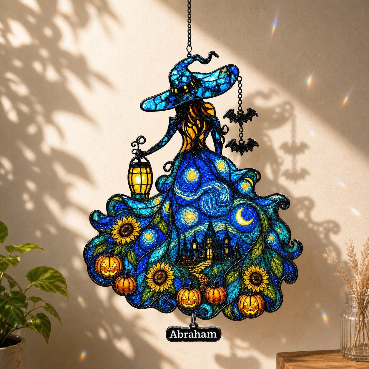Witch Lady with Lantern, Pumpkins & Bats Holographic Acrylic Suncatcher