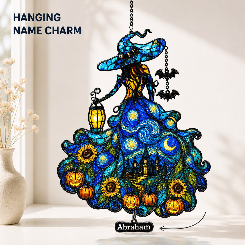 Witch Lady with Lantern, Pumpkins & Bats Holographic Acrylic Suncatcher