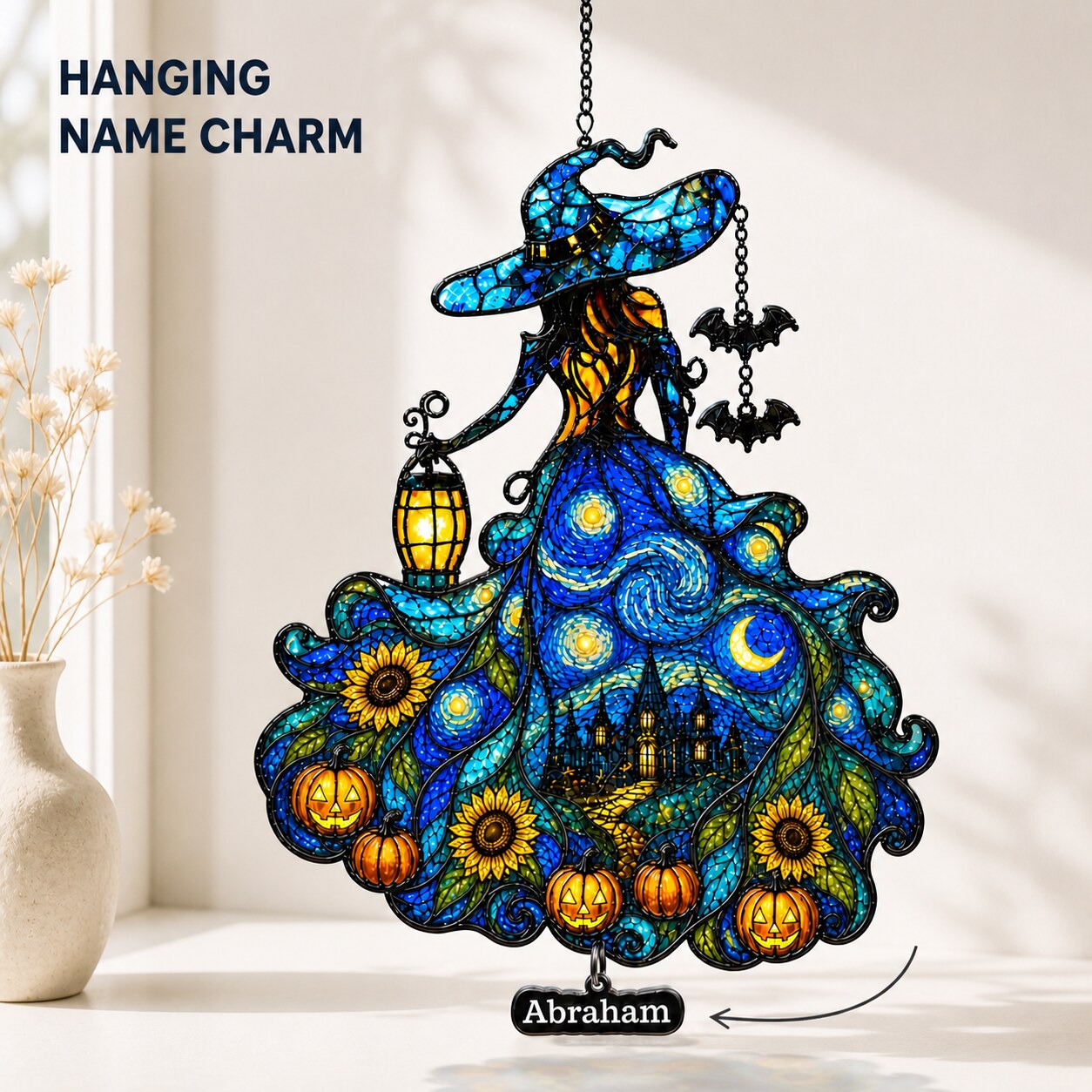Witch Lady with Lantern, Pumpkins & Bats Holographic Acrylic Suncatcher