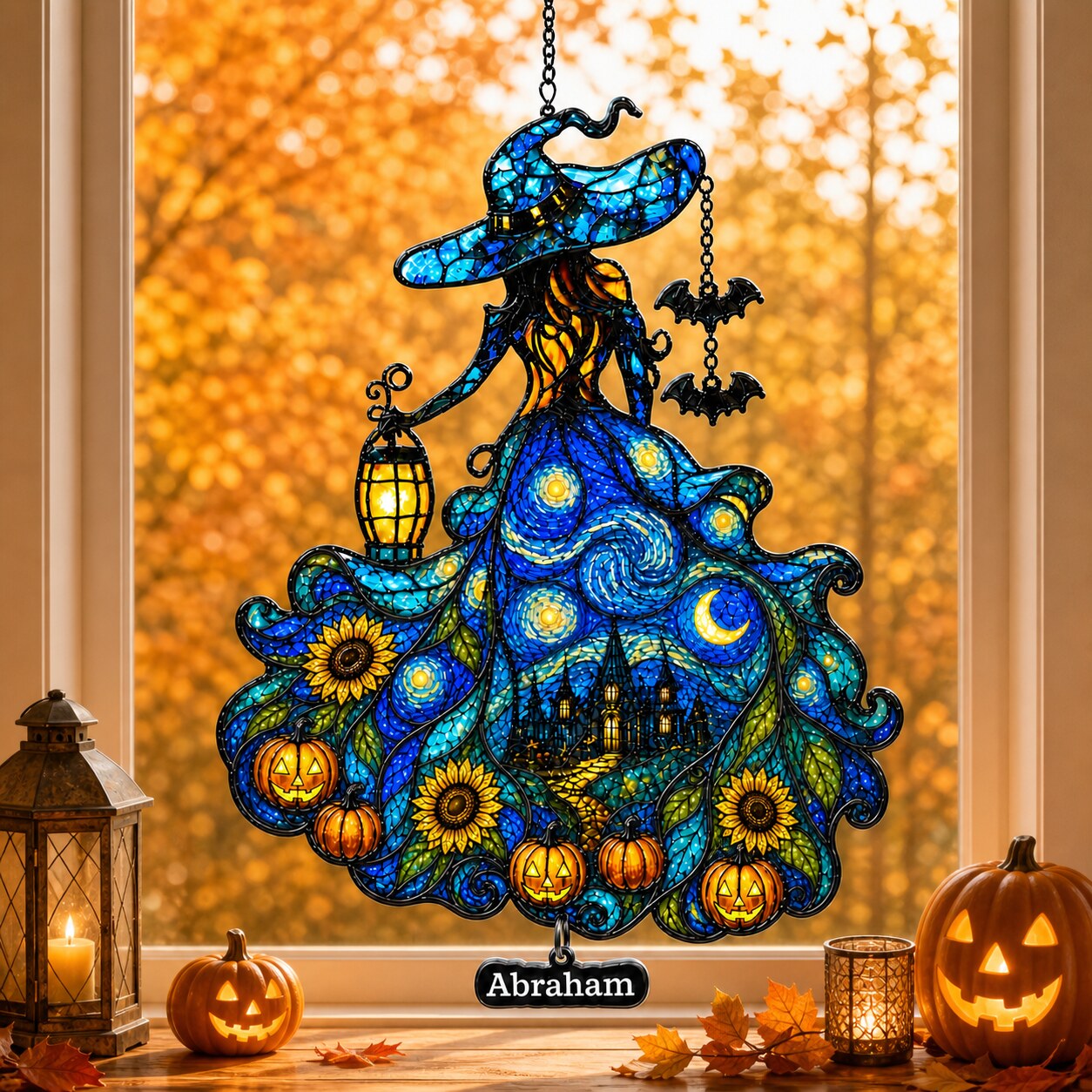 Witch Lady with Lantern, Pumpkins & Bats Holographic Acrylic Suncatcher