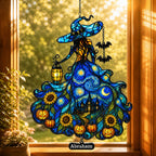 Witch Lady with Lantern, Pumpkins & Bats Holographic Acrylic Suncatcher