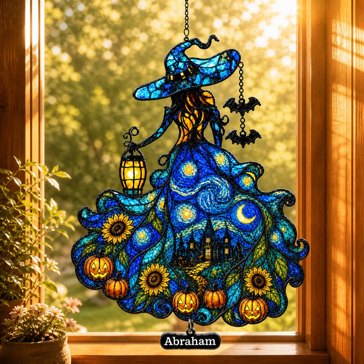 Witch Lady with Lantern, Pumpkins & Bats Holographic Acrylic Suncatcher