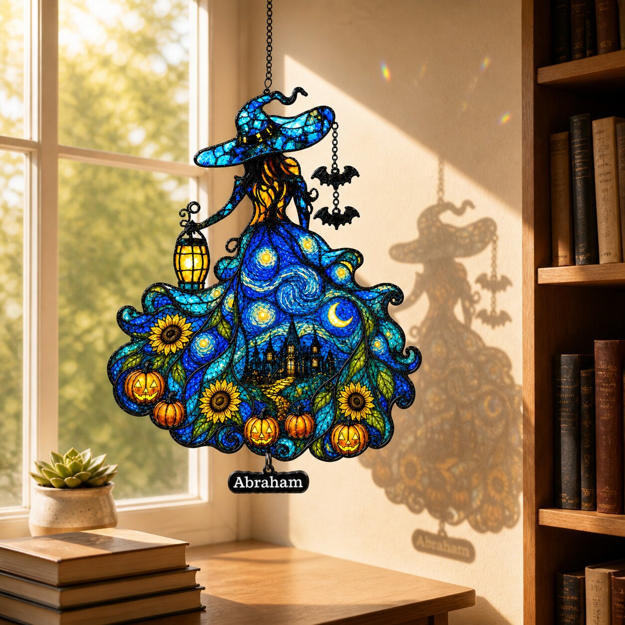 Witch Lady with Lantern, Pumpkins & Bats Holographic Acrylic Suncatcher