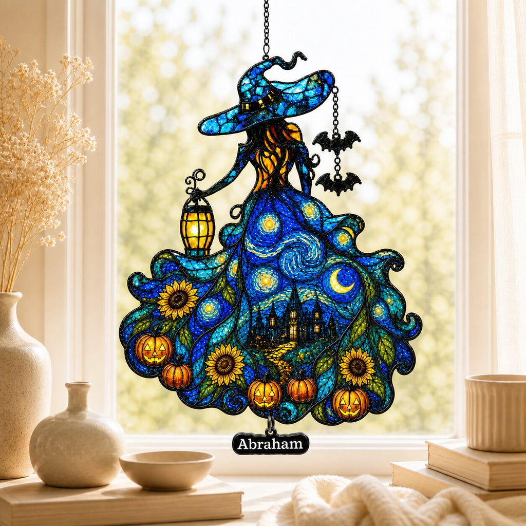 Witch Lady with Lantern, Pumpkins & Bats Holographic Acrylic Suncatcher