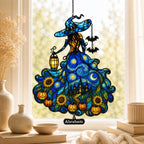 Witch Lady with Lantern, Pumpkins & Bats Holographic Acrylic Suncatcher