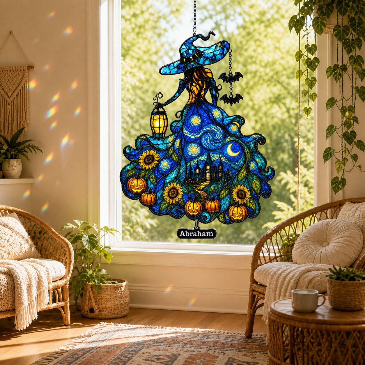 Witch Lady with Lantern, Pumpkins & Bats Holographic Acrylic Suncatcher