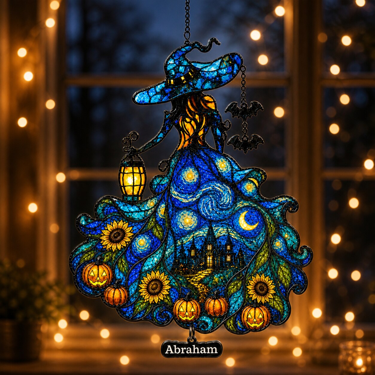 Witch Lady with Lantern, Pumpkins & Bats Holographic Acrylic Suncatcher
