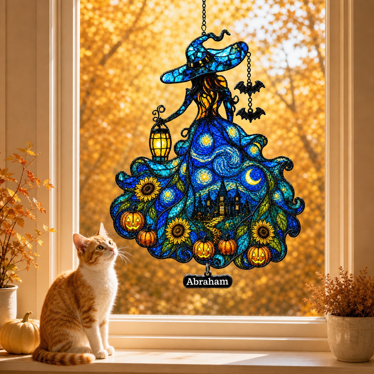 Witch Lady with Lantern, Pumpkins & Bats Holographic Acrylic Suncatcher