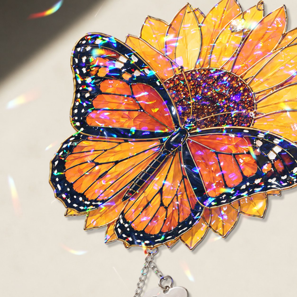 Personalized sunflower butterfly memorial crystal suncatcher in a window