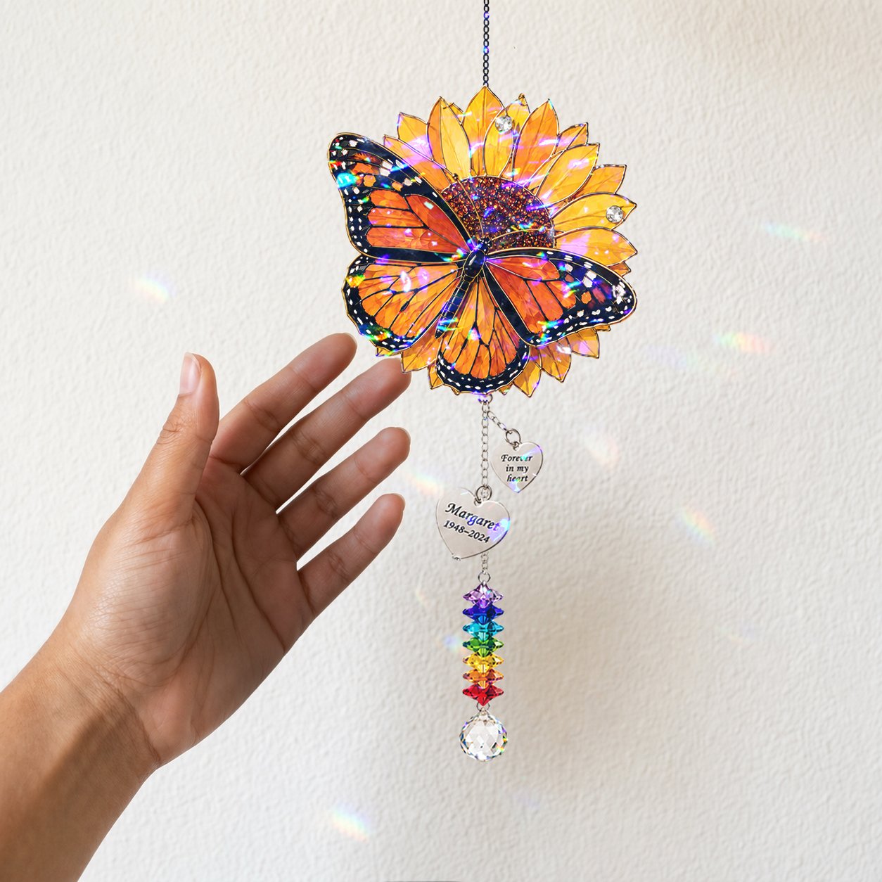 Personalized sunflower butterfly memorial crystal suncatcher detail