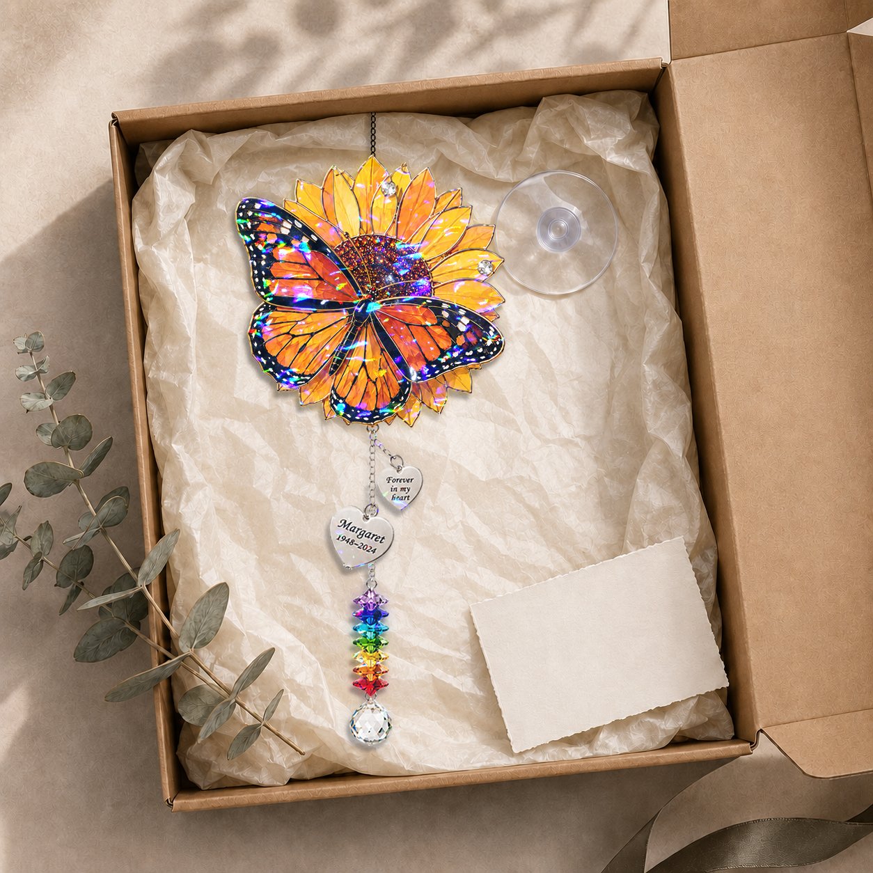 Personalized sunflower butterfly memorial crystal suncatcher charm