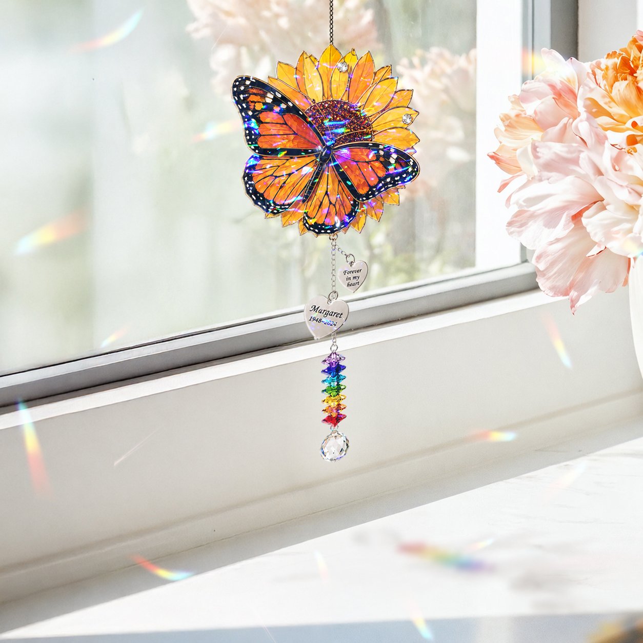 Personalized sunflower butterfly memorial crystal suncatcher