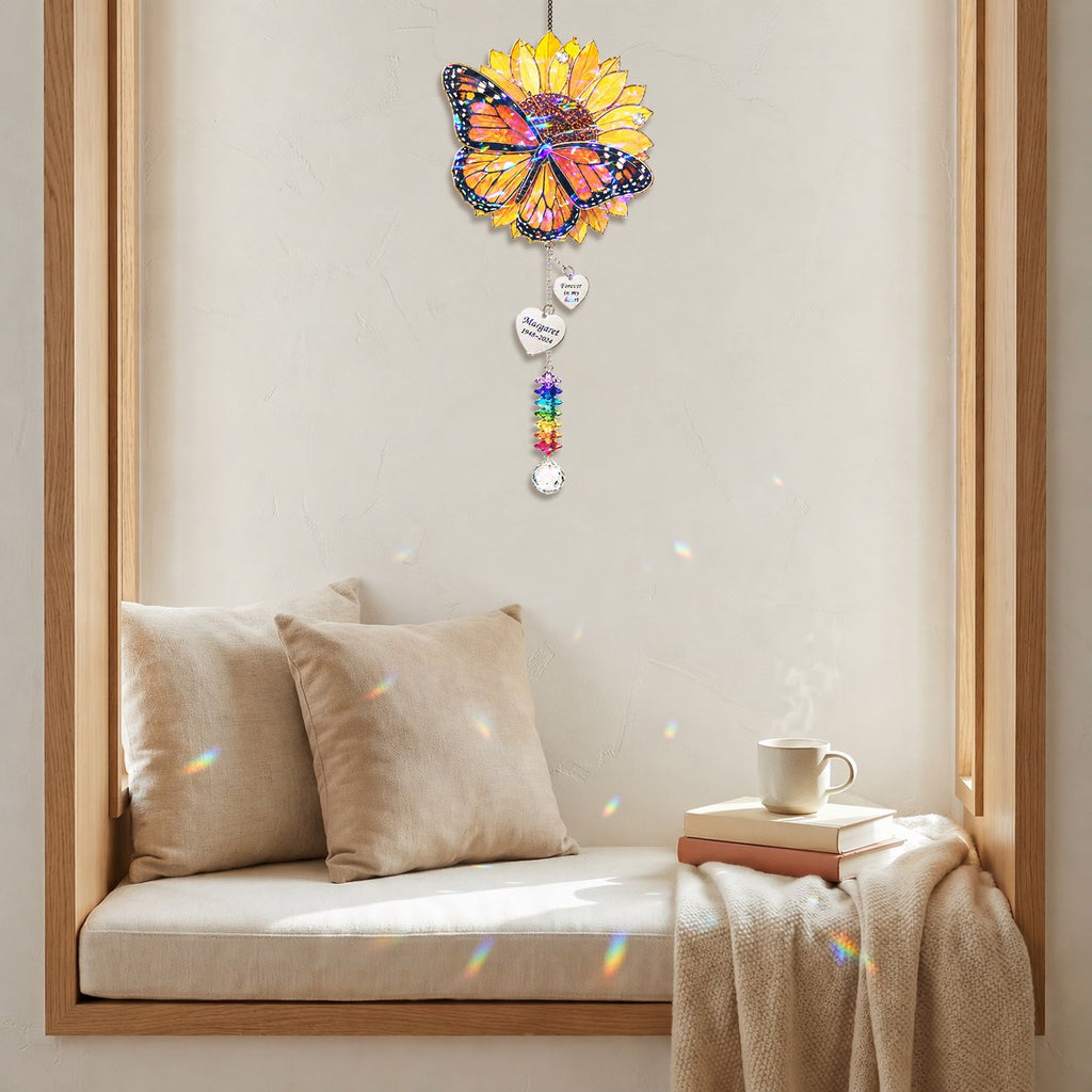 Personalized sunflower butterfly memorial crystal suncatcher
