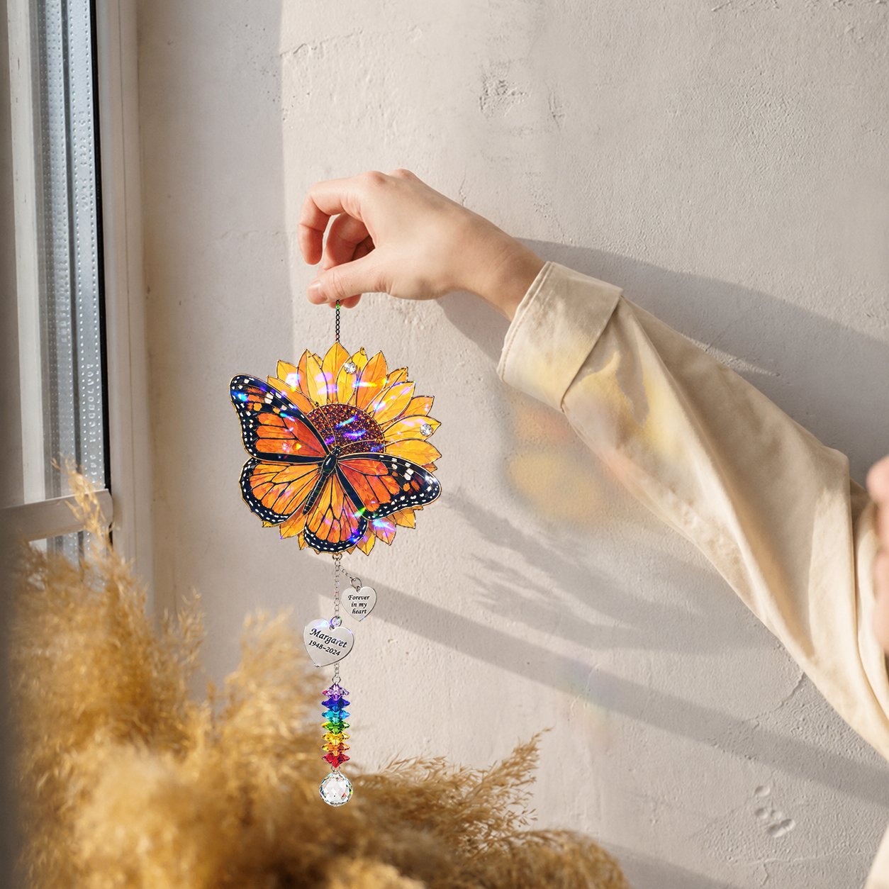 Personalized sunflower butterfly memorial crystal suncatcher