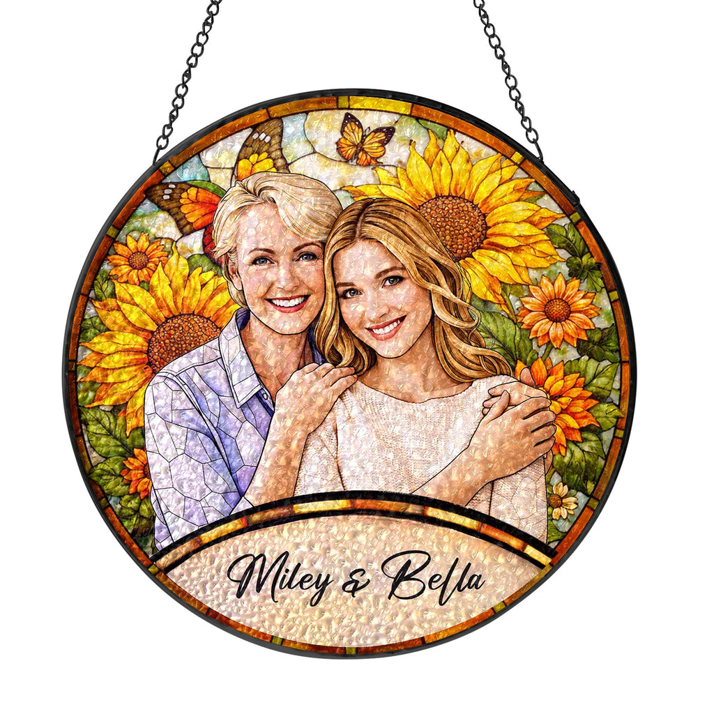Personalized sunflower photo suncatcher in a window