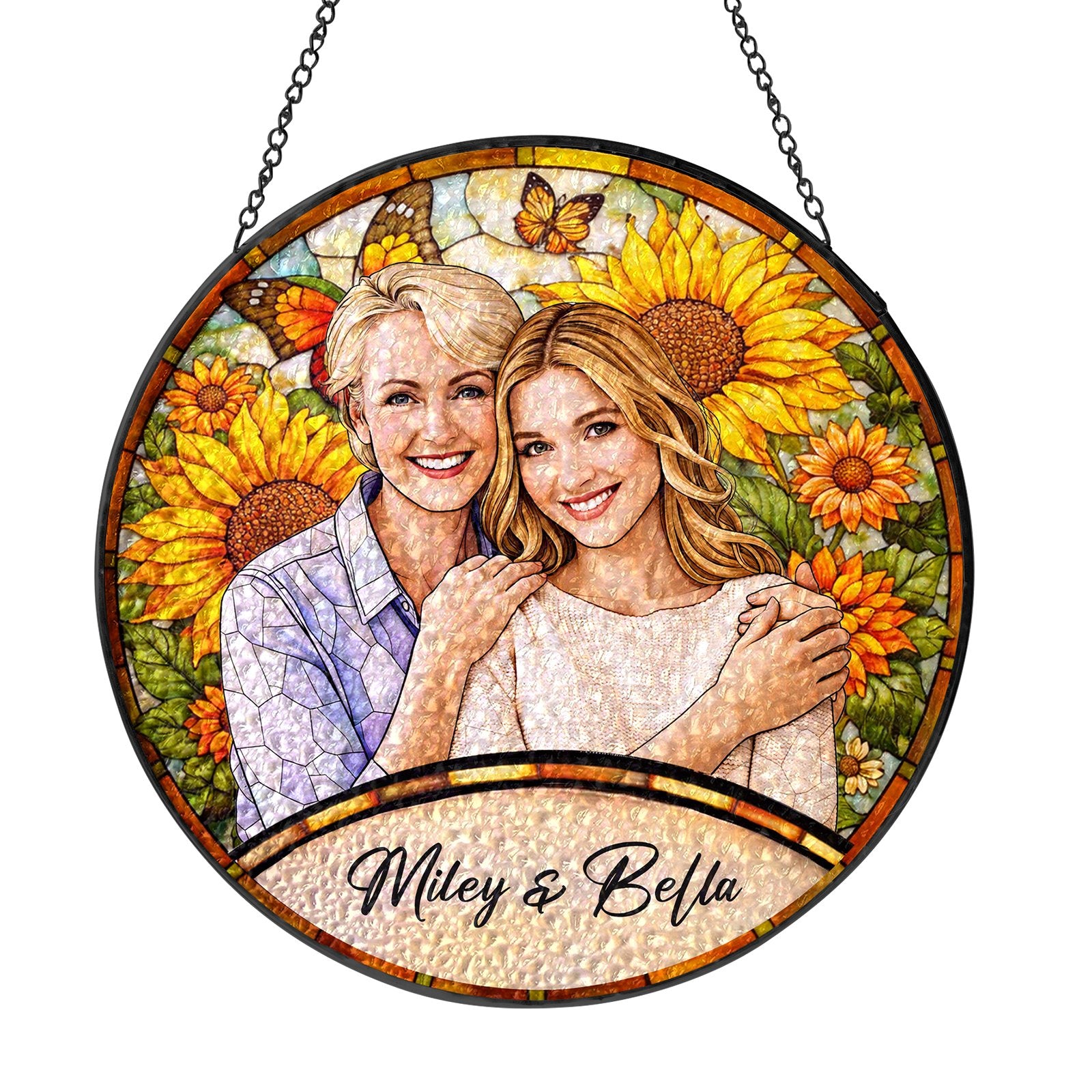 Personalized sunflower photo suncatcher in a window