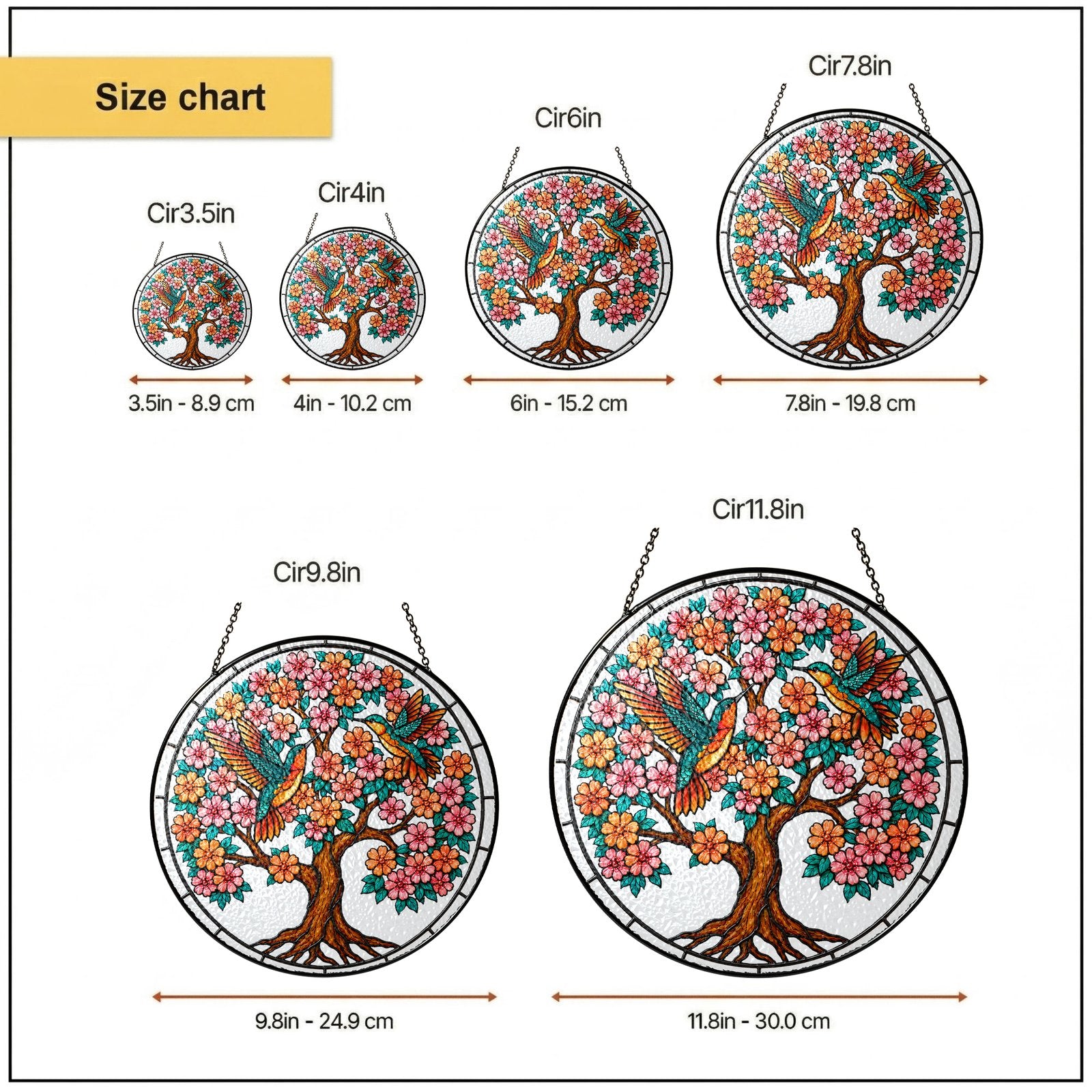 Personalized tree of life with hummingbirds suncatcher size chart