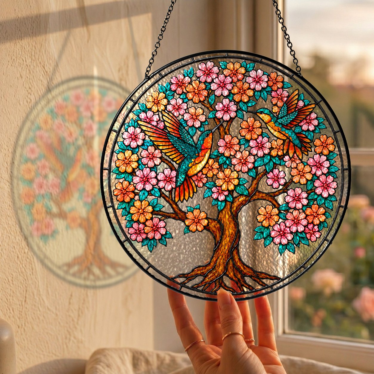 Personalized tree of life hummingbirds suncatcher view 2