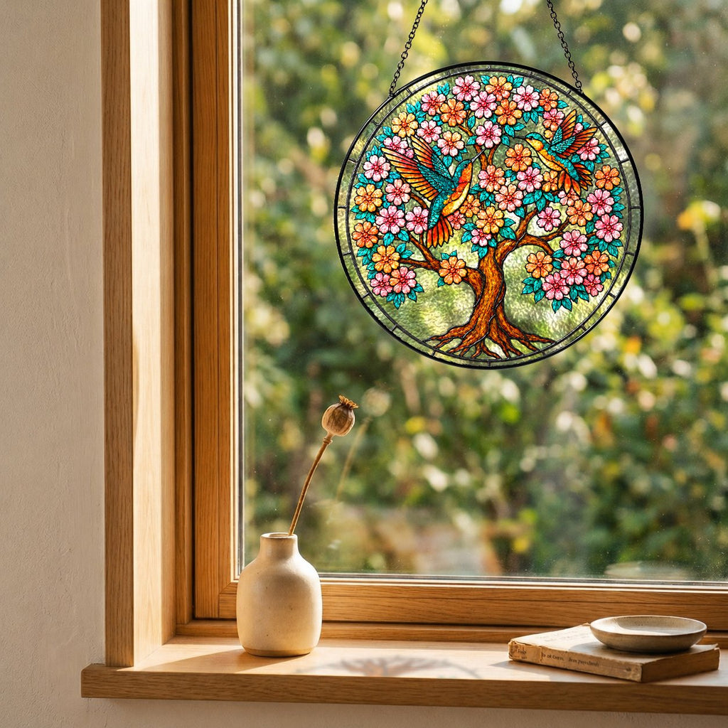 Personalized tree of life hummingbirds suncatcher view 4