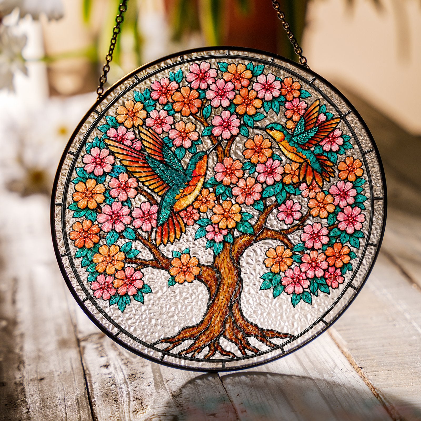 Personalized tree of life hummingbirds suncatcher view 5