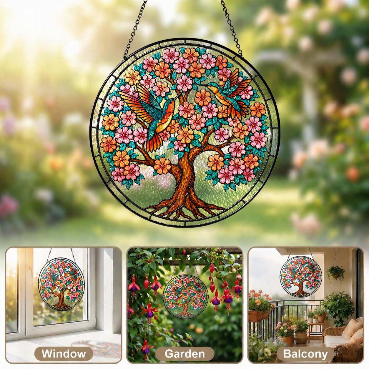 Personalized tree of life hummingbirds suncatcher view 9