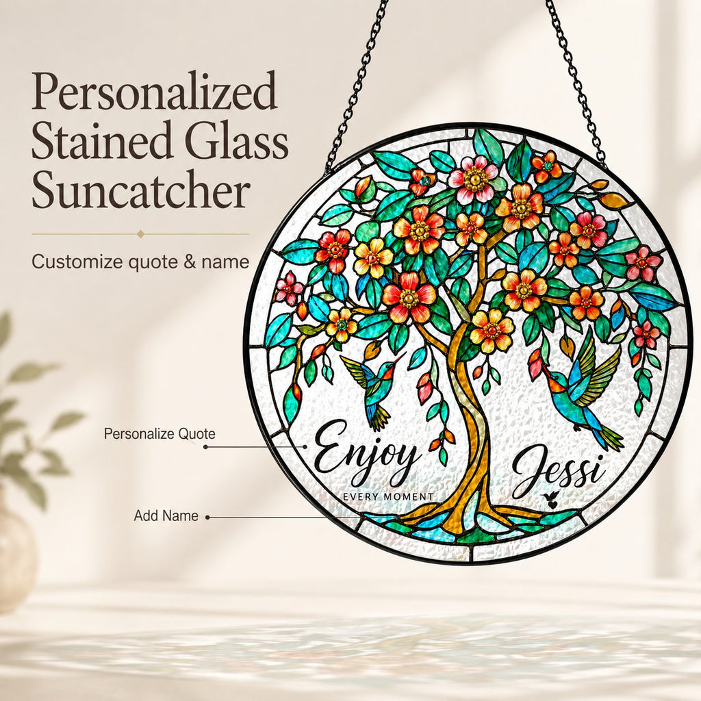 Personalized tree of life suncatcher in a window
