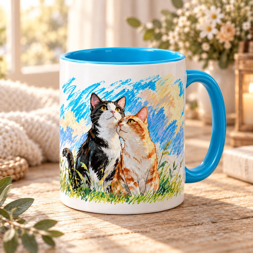 Personalized Tuxedo and Ginger Cat Couple Crayon Art Mug