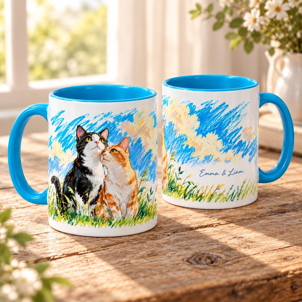 Personalized Tuxedo and Ginger Cat Couple Crayon Art Mug