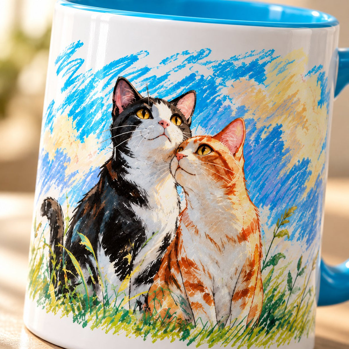 Personalized Tuxedo and Ginger Cat Couple Crayon Art Mug