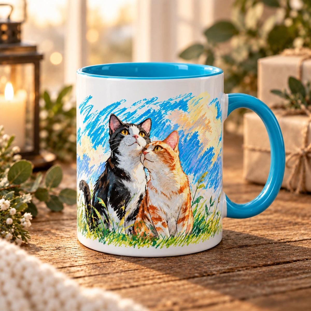 Personalized Tuxedo and Ginger Cat Couple Crayon Art Mug