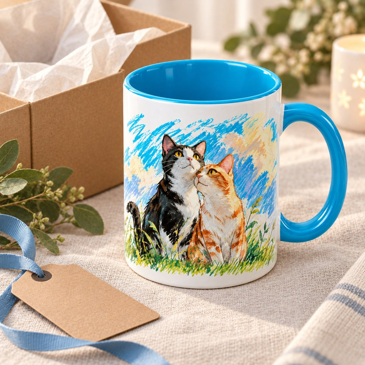 Personalized Tuxedo and Ginger Cat Couple Crayon Art Mug