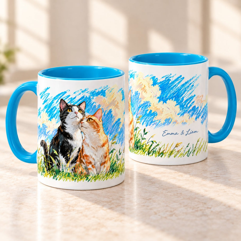 Personalized Tuxedo and Ginger Cat Couple Crayon Art Mug
