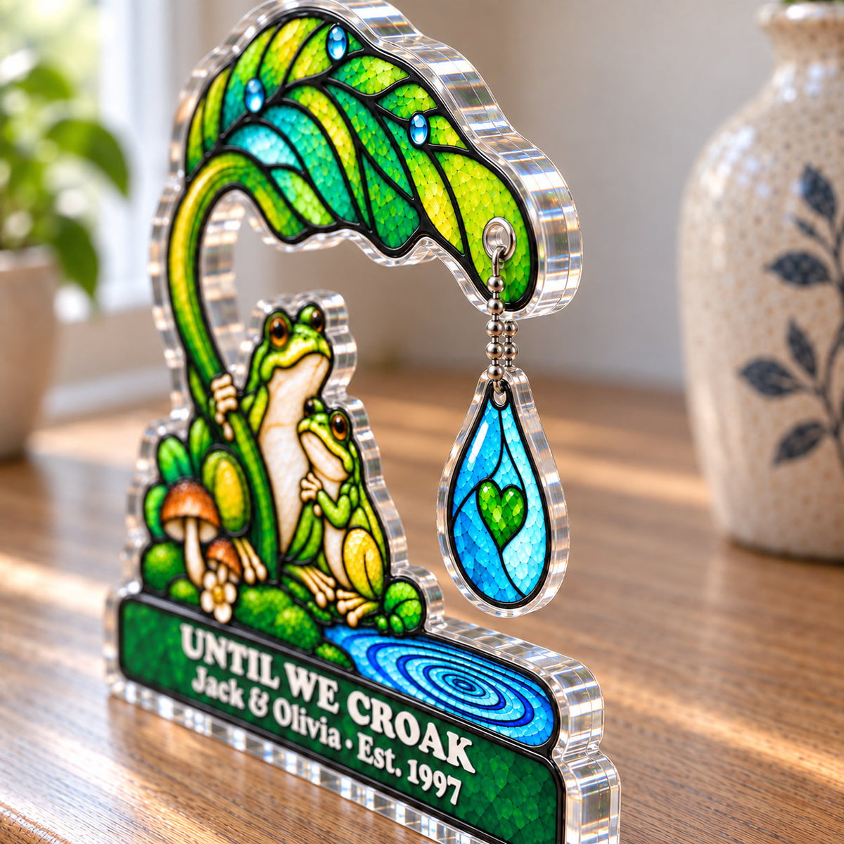 Personalized Until We Croak Frog Couple Acrylic Block with Raindrop Charm