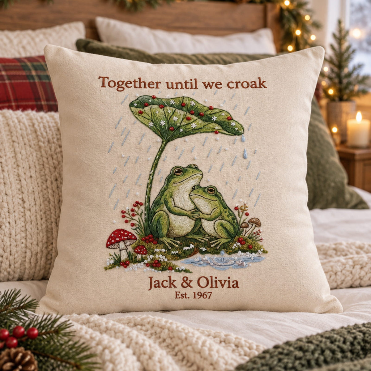 Personalized Until We Croak Frog Couple Embroidered Pillow