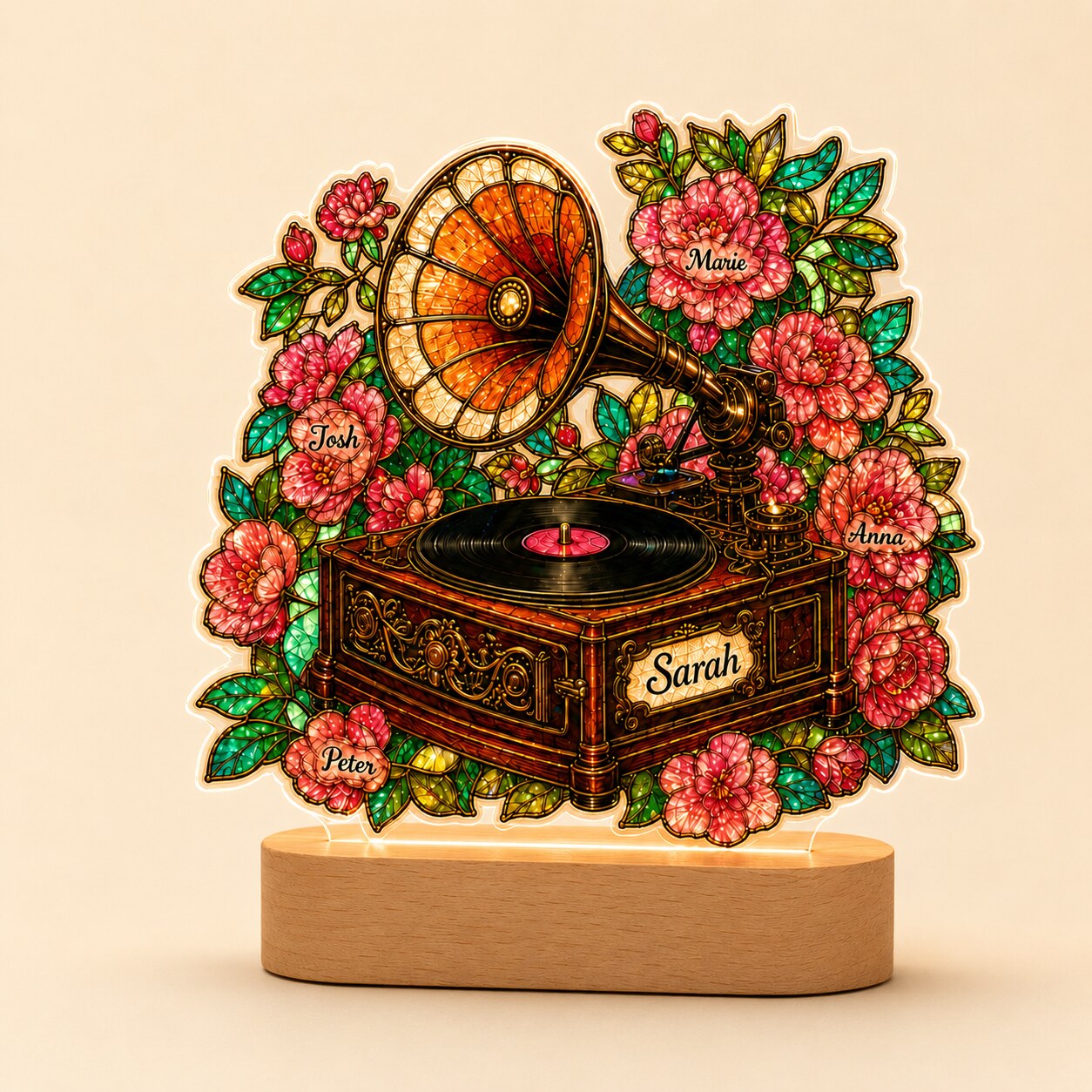 Personalized Vintage Gramophone & Camellias Wavy Acrylic Night Light