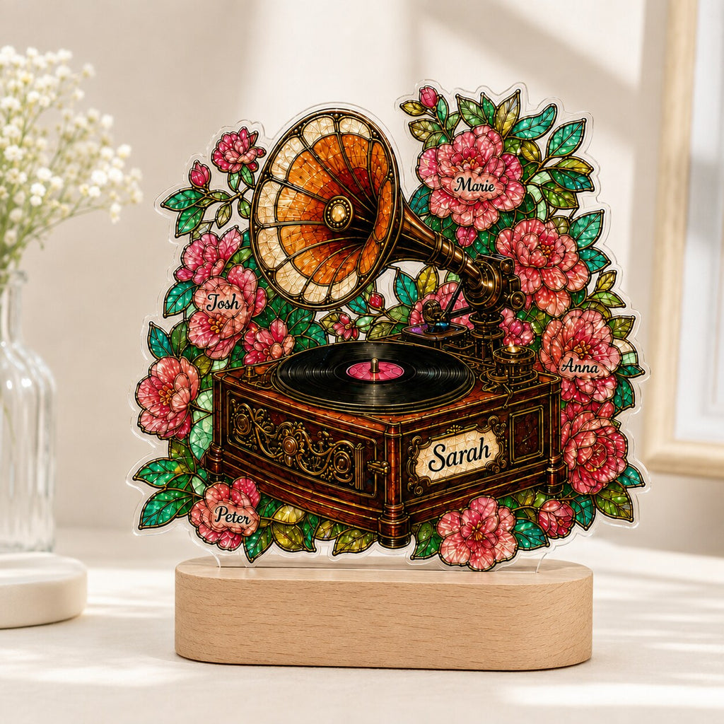 Personalized Vintage Gramophone & Camellias Wavy Acrylic Night Light
