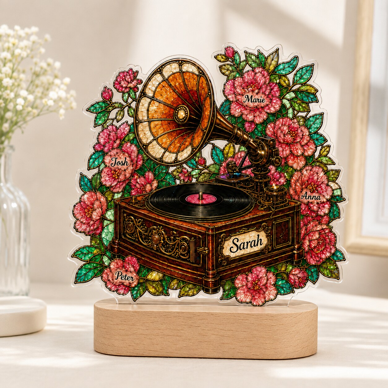 Personalized Vintage Gramophone & Camellias Wavy Acrylic Night Light