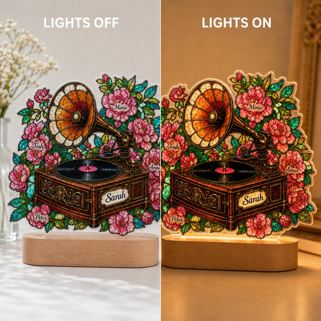 Personalized Vintage Gramophone & Camellias Wavy Acrylic Night Light