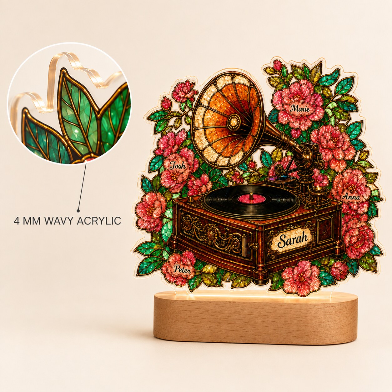 Personalized Vintage Gramophone & Camellias Wavy Acrylic Night Light