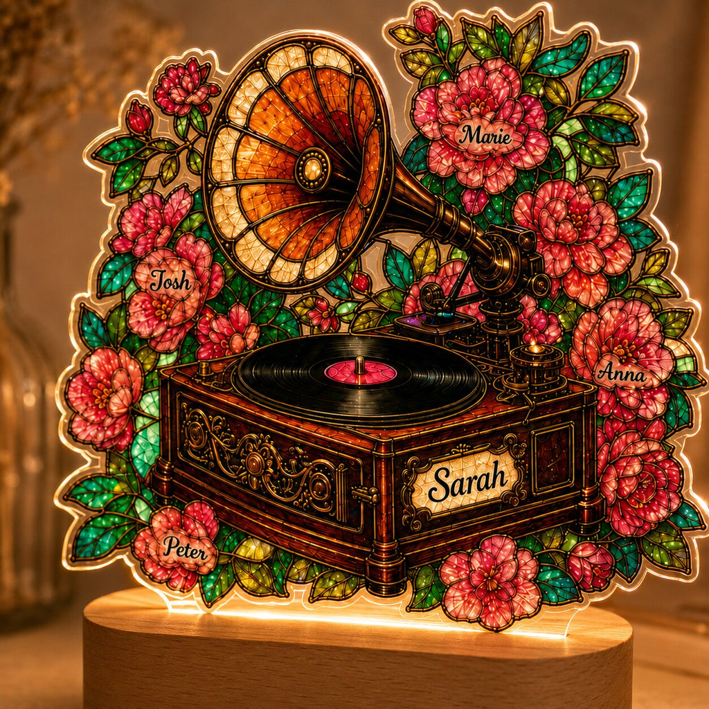 Personalized Vintage Gramophone & Camellias Wavy Acrylic Night Light